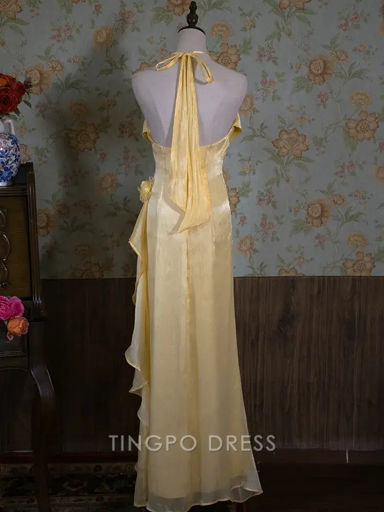 TingPo Wholesale Elegant Vintage Yellow Halter Neck Floral Prom Gown Fairy Princess Dress